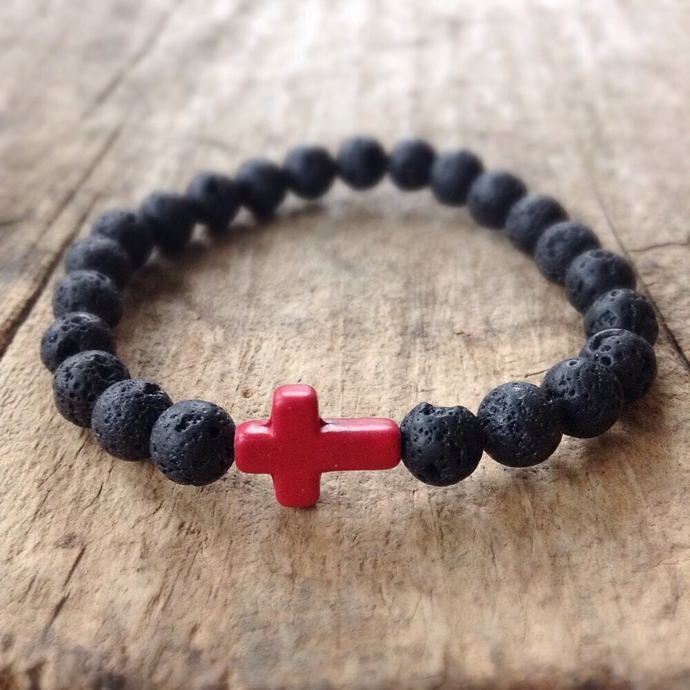 Red Cross Black Lava Stone Beaded Bracelet 8mm beads - Size 8 inches